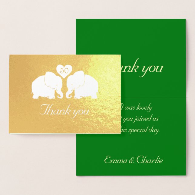 Personalized Golden Wedding Elephants Thank You Foil Card (Display)