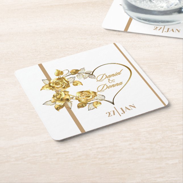 Personalized Golden Wedding Square Paper Coaster (Angled)