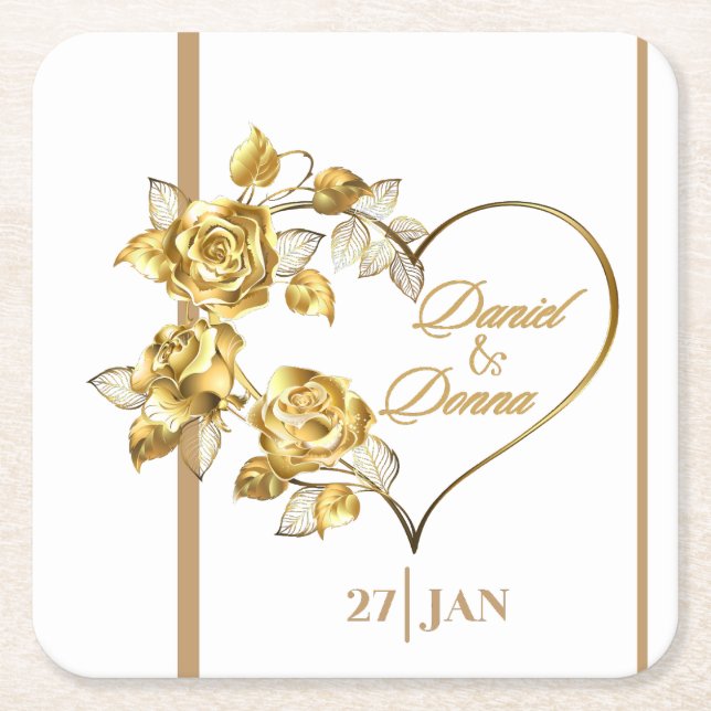 Personalized Golden Wedding Square Paper Coaster (Front)