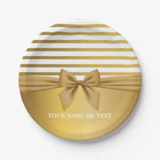 Personalized Golden white Stripes Christmas Bow Paper Plates