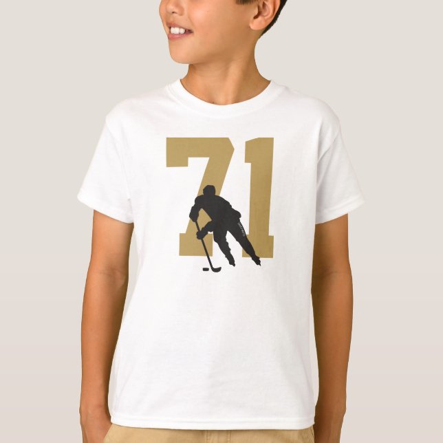 Personalized Golden Youth Hockey Player Number T-Shirt (Front)
