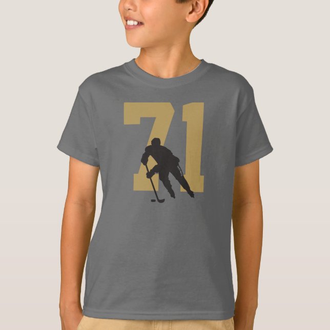 Personalized Golden Youth Hockey Player Number T-Shirt (Front)
