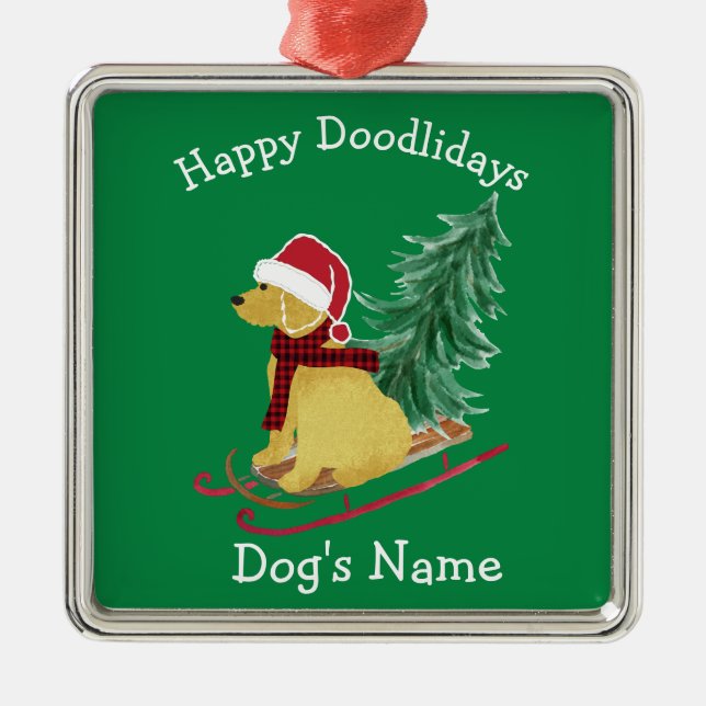 Personalized Goldendoodle Christmas Sled Metal Ornament (Front)