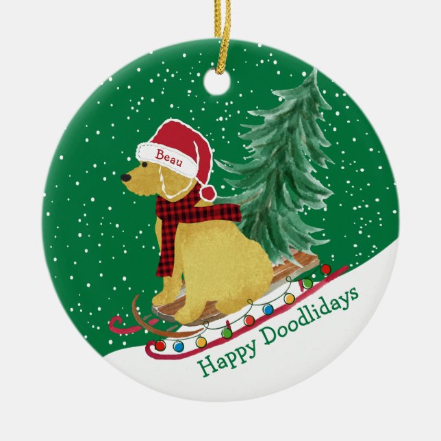 Personalized Goldendoodle Christmas Snow Sled Ceramic Ornament (Front)
