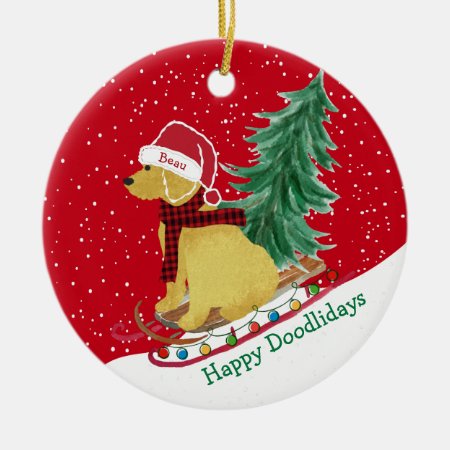Personalized Goldendoodle Christmas Snow Sled Ceramic Ornament