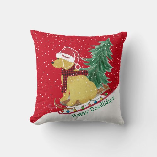 Personalized Goldendoodle Christmas Snow Sled Throw Pillow