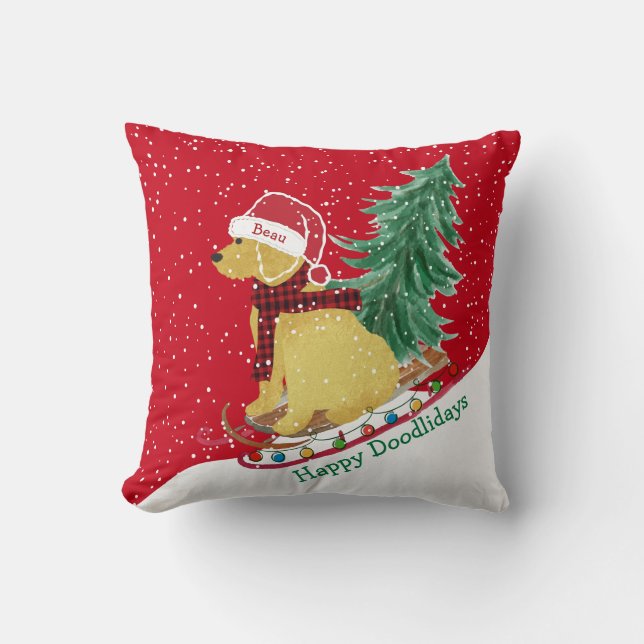 Personalized Goldendoodle Christmas Snow Sled Throw Pillow (Front)