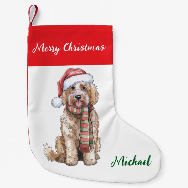 Personalized Goldendoodle Dog in Santa Hat  Small Christmas Stocking (Front)