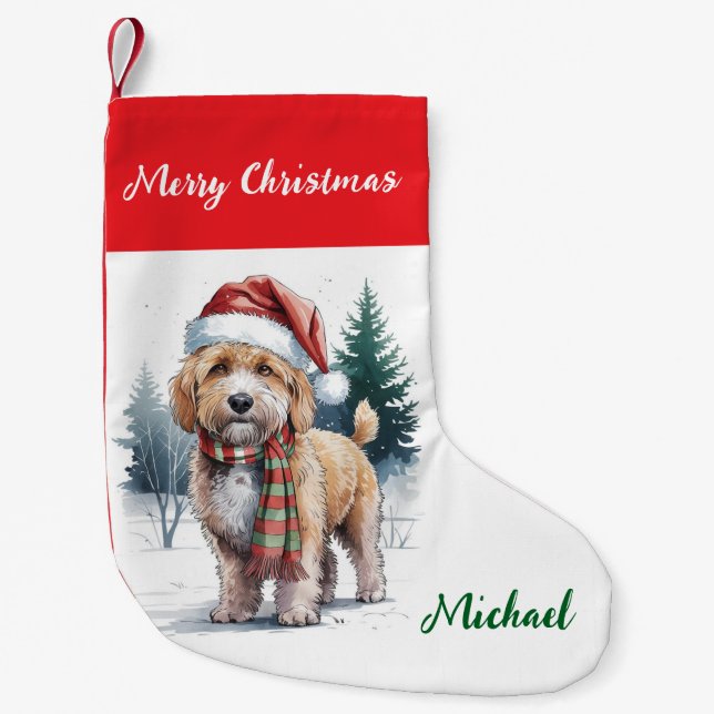 Personalized Goldendoodle Dog in Santa Hat  Small Christmas Stocking (Front)