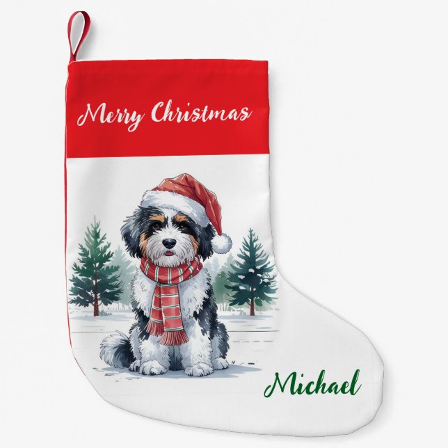 Personalized Goldendoodle Dog in Santa Hat  Small Christmas Stocking (Front)