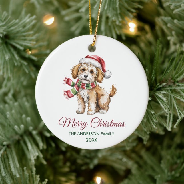 Personalized Goldendoodle Dog Santa Hat Christmas  Ceramic Ornament (Tree)