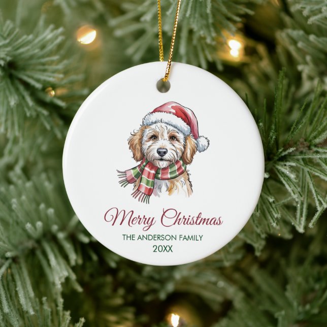 Personalized Goldendoodle Dog Santa Hat Christmas  Ceramic Ornament (Tree)