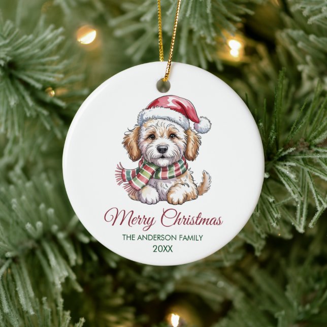 Personalized Goldendoodle Dog Santa Hat Christmas  Ceramic Ornament (Tree)