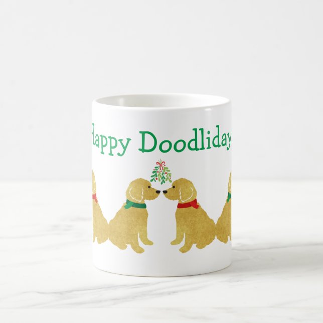 Personalized Goldendoodles Kissing Under Mistletoe Coffee Mug (Center)