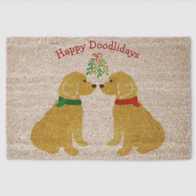 Personalized Goldendoodles Kissing Under Mistletoe Fiber Doormat (Front)