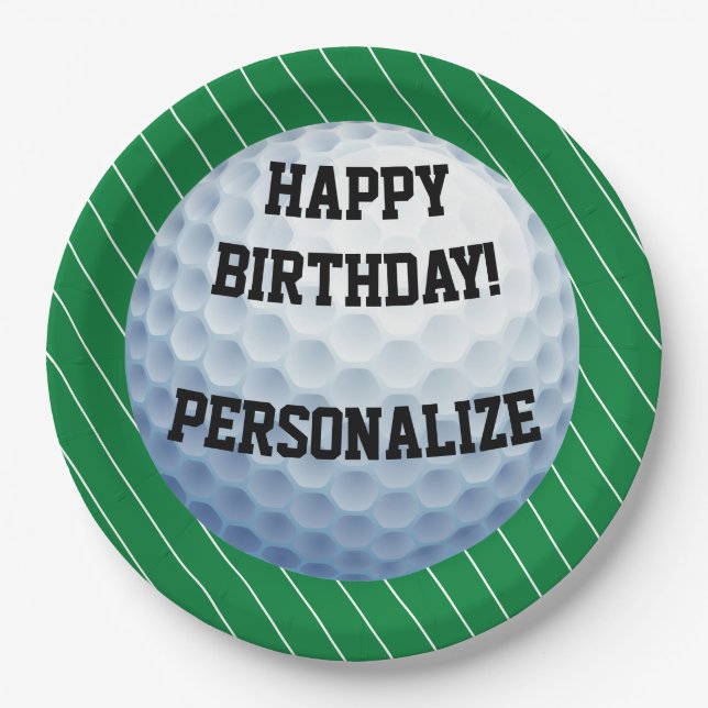 Personalized Golf Ball Happy Birthday Paper Plates (Front)