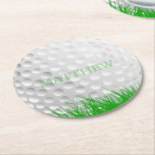 Personalized Golf Ball in Grass Round Paper Coaster