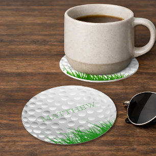 Personalized Golf Ball in Grass Round Paper Coaster