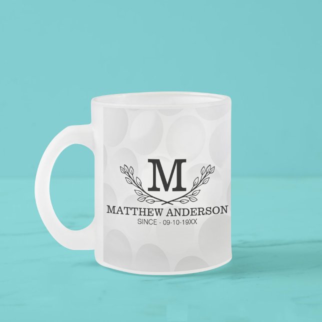Personalized Golf Ball Pattern Name Monogram Age Frosted Glass Coffee Mug (Creator Uploaded)