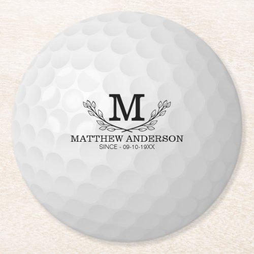 Personalized Golf Ball Pattern Name Monogram Age Round Paper Coaster