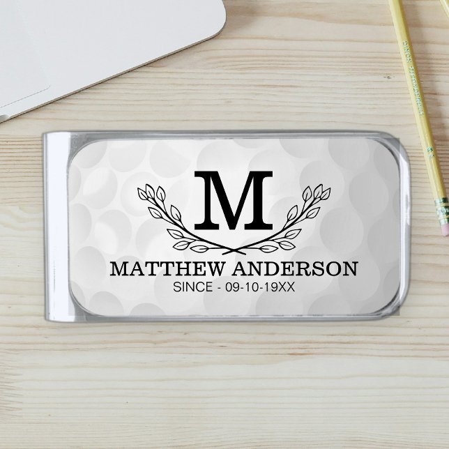 Personalized Golf Ball Pattern Name Monogram Age Silver Finish Money Clip (Creator Uploaded)