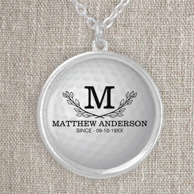 Personalized Golf Ball Pattern Name Monogram Age Silver Plated Necklace (Creator Uploaded)