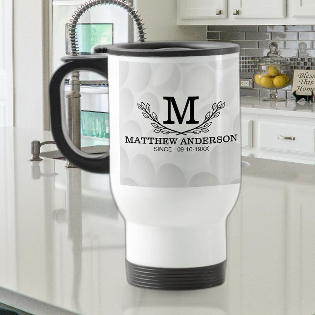 Personalized Golf Ball Pattern Name Monogram Age Travel Mug (Creator Uploaded)