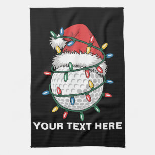 Personalized Golf Ball Santa Hat Christmas Lights Kitchen Towel