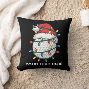 Personalized Golf Ball Santa Hat Christmas Lights Throw Pillow
