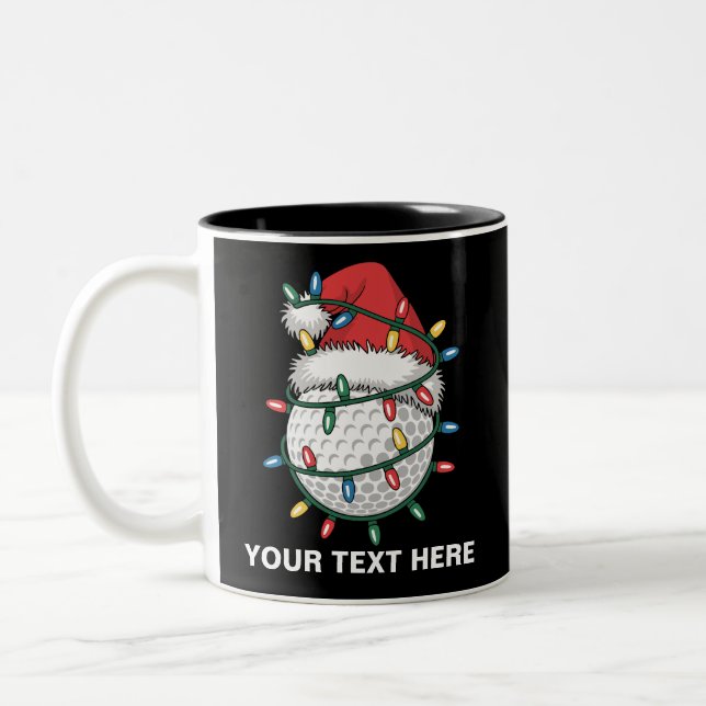 Personalized Golf Ball Santa Hat Christmas Lights Two-Tone Coffee Mug (Left)