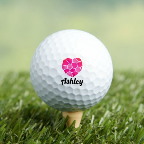 Personalized golf ball with cute mosaic pink heart