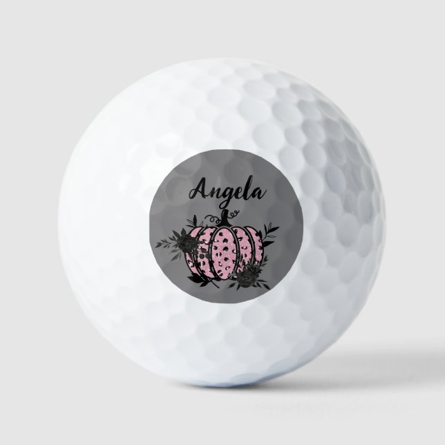 Personalized Golf Balls, Pink and Black Pumpkin Balls (Front)