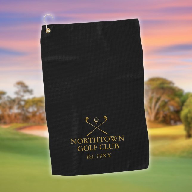 Personalized Golf Club Name Black And Gold Golf Towel (Personalized Golf Club Name Black And Gold Golf Towel)