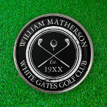 Personalized Golf Club Name Black And White Golf Ball Marker<br><div class="desc">Featuring a classic crossed golf clubs and golf ball aged retro stamp effect design these golf ball markers are ideal for all golf clubs and golf club members. Personalize with the name of the club member,  golf club name and the year the golf club was established. Designed by Thisisnotme©</div>