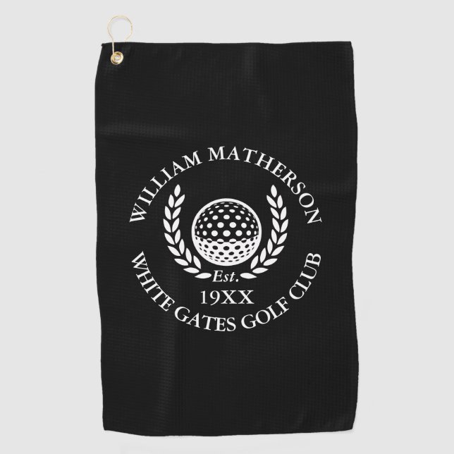 Personalized Golf Club Name Black And White Golf Towel (Front)