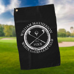 Personalized Golf Club Name Black And White Golf Towel<br><div class="desc">Featuring a classic crossed golf clubs and golf ball design and aged stamp effect border,   these golf towels are ideal for all golf clubs and golf club members. Personalize with the name of the club member,  golf club name and the year the golf club was established. Designed by Thisisnotme©</div>