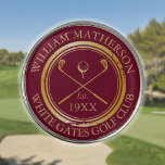 Personalized Golf Club Name Burgundy and Gold Golf Ball Marker<br><div class="desc">Featuring a classic crossed golf clubs and golf ball design and aged stamp effect border,   these markers are ideal for all golf clubs and club members. Personalize with the name of the club member,  the golf club name,  and the year the golf club was established. Designed by Thisisnotme©</div>