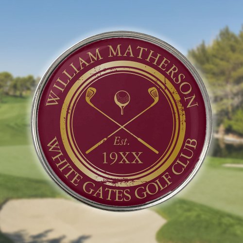 Personalized Golf Club Name Burgundy and Gold Golf Ball Marker