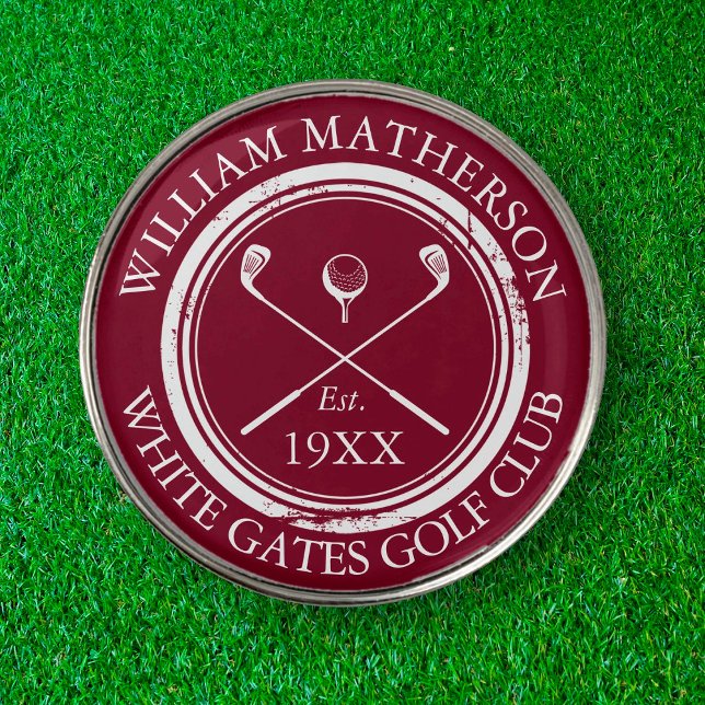 Personalized Golf Club Name Burgundy Red Golf Ball Marker (Creator Uploaded)