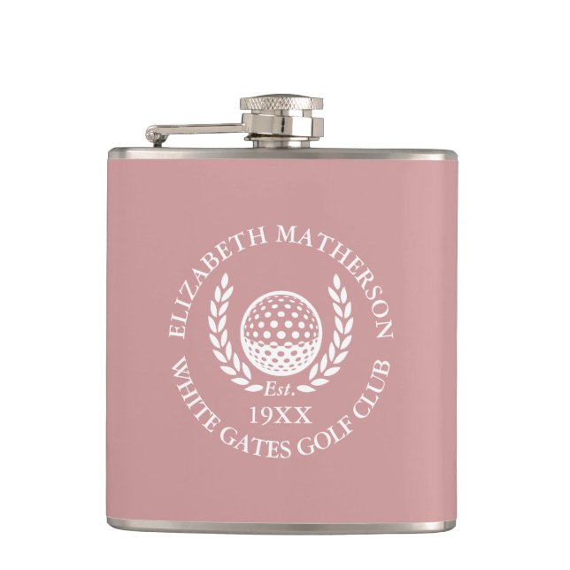 Personalized Golf Club Name Dusty Rose Pink Flask (Front)