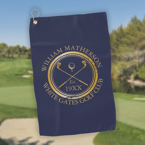 Personalized Golf Club Name Navy Blue And Gold Golf Towel