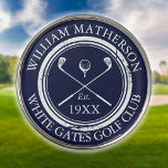 Personalized Golf Club Name Navy Blue Golf Ball Marker<br><div class="desc">Featuring a classic crossed golf clubs and golf ball aged retro stamp effect design these golf ball markers are ideal for all golf clubs and golf club members. Personalize with the name of the club member,  golf club name and the year the golf club was established. Designed by Thisisnotme©</div>