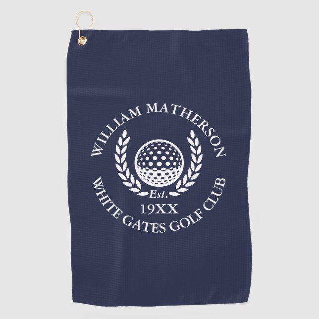Personalized Golf Club Name Navy Blue Golf Towel (Front)