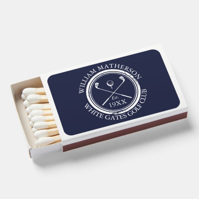 Personalized Golf Club Name Navy Blue Matchboxes (Front Open)