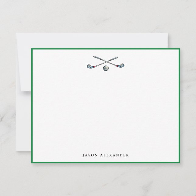 Personalized Golf Clubs and Ball Green Border Note Card (Front)
