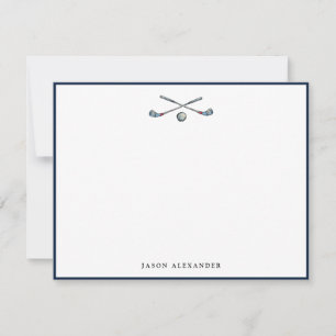 Personalized Golf Clubs and Ball Navy Border Note Card