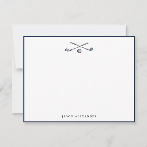 Personalized Golf Clubs and Ball Navy Border Note Card