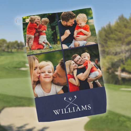 Personalized  Golf Clubs Photo Collage Navy Blue Golf Towel