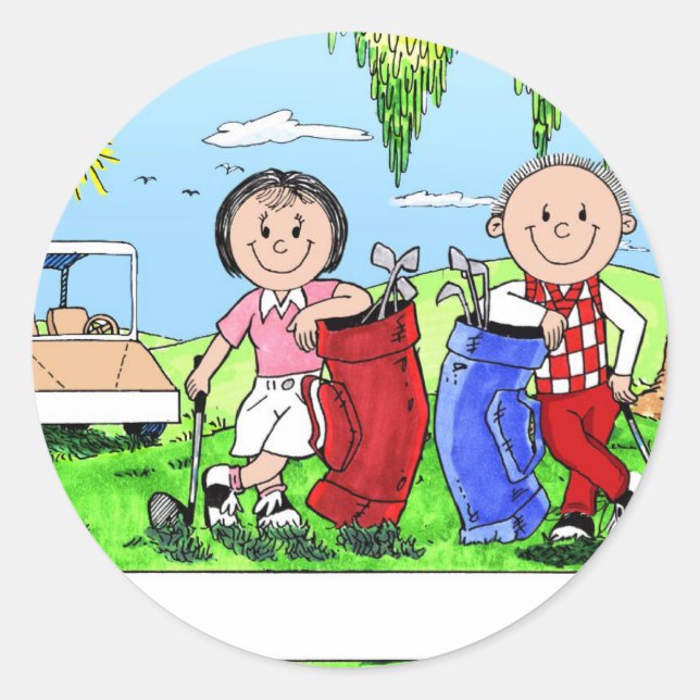 Personalized Golf Couple Cartoon Caricature Classic Round Sticker (Front)