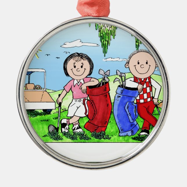Personalized Golf Couple Cartoon Caricature Metal Ornament (Front)